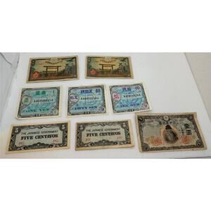 Lot of Eight (8) WWII Japanese Occupation Currencies / Military Currencies Notes
